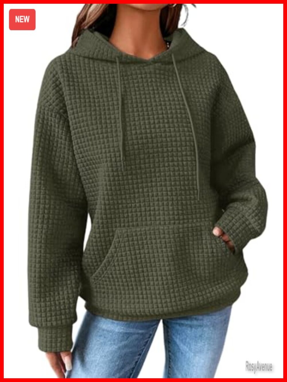 Waffle Knit Hoodie Pullover Oversized Sweatshirt with Pocket Long Sleeve